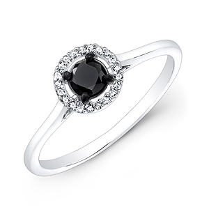 14k White and Black Gold White Diamond Halo Ring with a Black Diamond Center