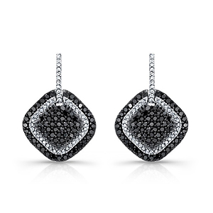 14k White and Black Gold Contrasting Black and White Diamond Halo Square Earrings