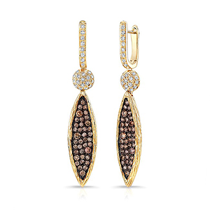 14k Yellow and Black Gold Brown Diamonds Elongated Marquise Drop Earrings