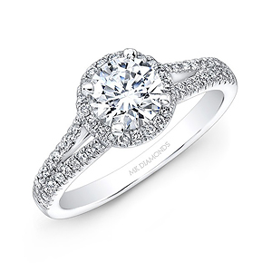 14k White Gold Split Shank White Diamond Halo Engagement Ring