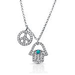 14k White Gold Diamond Turquoise Hamsa Peace Necklace
