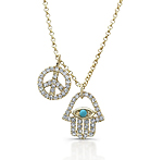 14k Yellow Gold Diamond Turquoise Hamsa Peace Necklace