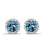 14k White Gold Treated Blue Diamond Stud Earrings with White Diamond Halo