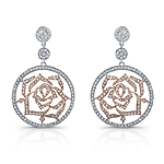 14k White and Rose Gold Diamond Circle Flower Drop Earrings