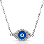 14k White Gold Diamond Dark Blue Enamel Evil Eye Chain Necklace