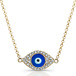 14k Yellow Gold Diamond Dark Blue Enamel Evil Eye Chain Necklace