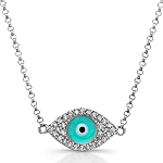 14k White Gold Diamond Light Blue Enamel Evil Eye Chain Necklace