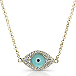 14k Yellow Gold Diamond Light Blue Enamel Evil Eye Chain Necklace