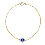 14k Yellow Gold Diamond Dark Blue Enamel Evil Eye Chain Bracelet
