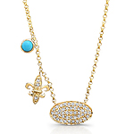 14k Yellow Gold Pave Diamond Disk Fleur De Lys Turquoise Necklace