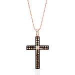 14k Rose Gold Brown and White Diamond Accent Cross Pendant