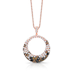 18k Rose Gold Circle Pendent with Mixed Round Black White and Brown Diamonds