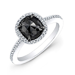 14k White and Black Gold White Diamond Halo Ring with Black Rose Cut Diamond Center