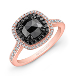 14k Rose and Black Gold Double Halo Rose-cut black Diamond Center Engagement Ring