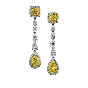 18k White and Yellow Gold Fancy Yellow Pear Cushion Diamond Earrings