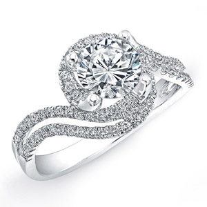 18k White Gold Halo Diamond Split Swirl Shank Engagement Semi Mount Ring