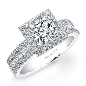 18k White Gold Halo Diamond Baguette Engagement Semi Mount Ring