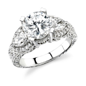 14k White Gold Diamond Engagement Ring with Pear Shaped Side Stones