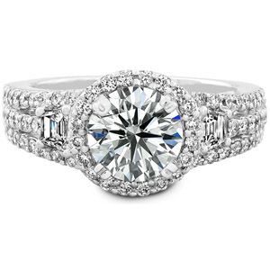 14k White Gold Trapezoid Three Stone Diamond Halo Engagement Ring