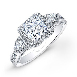 14k White Gold Princess Halo Diamond Engagement Ring with Pear Side Stones