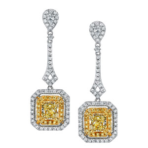 18k White and Yellow Gold Radiant Fancy Yellow Diamond Earrings