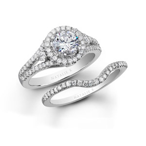 18k White Gold Three Stone Halo Diamond Bridal Ring Set
