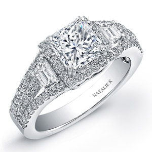 14k White Gold Three Stone Trapezoid Diamond Semi Engagement Ring