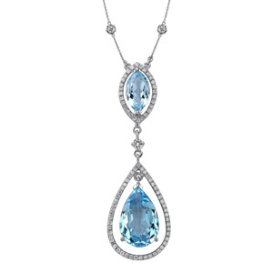 18k White Gold Blue Topaz Diamond Drop Necklace