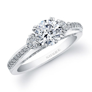14k White Gold Micro Prong Three Stone Diamond Semi Engagement Ring