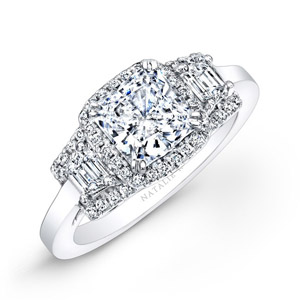 14k White Gold Diamond Engagement Ring with Trapezoid Side Stones