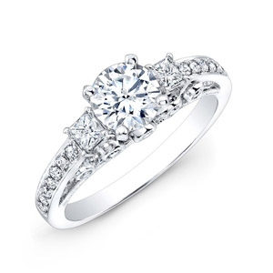 14k White Gold Pave Prong and Bezel Round Diamond Engagement Ring with Side Stones