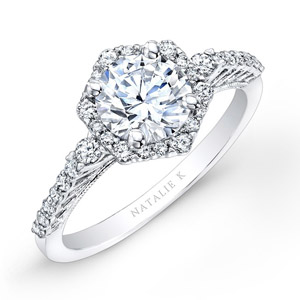14k White Gold Prong Halo White Diamond Engagement Ring