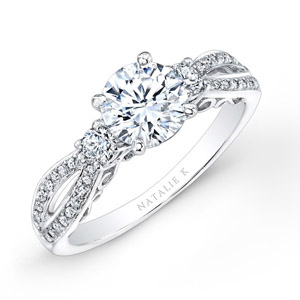 14k White Gold Pave and Prong Set White Diamond Engagement Ring