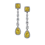 18k White and Yellow Gold Fancy Yellow Pear Cushion Diamond Earrings