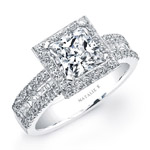 18k White Gold Halo Diamond Baguette Engagement Semi Mount Ring