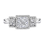 14k White Gold Halo Princess Cut Three Stone Engagement Ring