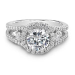 14k White Gold Three Stone Halo Diamond Engagement Ring