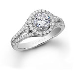 18k White Gold Three Stone Halo Diamond Engagement Ring