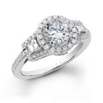 18k White Gold Three Stone Halo Baguette Diamond Engagement Ring