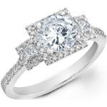 14k White Gold Three Stone Princess Cut Halo Diamond Engagement Semi Mount