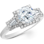 14k White Gold Three Stone Baguette Diamond Halo Engagement Semi Mount