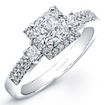 14k White Gold Three Stone Princess Cut Halo Diamond Engagement Semi Mount Ring