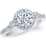 14k White Gold Three Stone Round Diamond Halo Engagement Semi Mount Ring