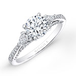 14k White Gold Three Stone Diamond Engagement Ring with Pear Shaped Side Stones